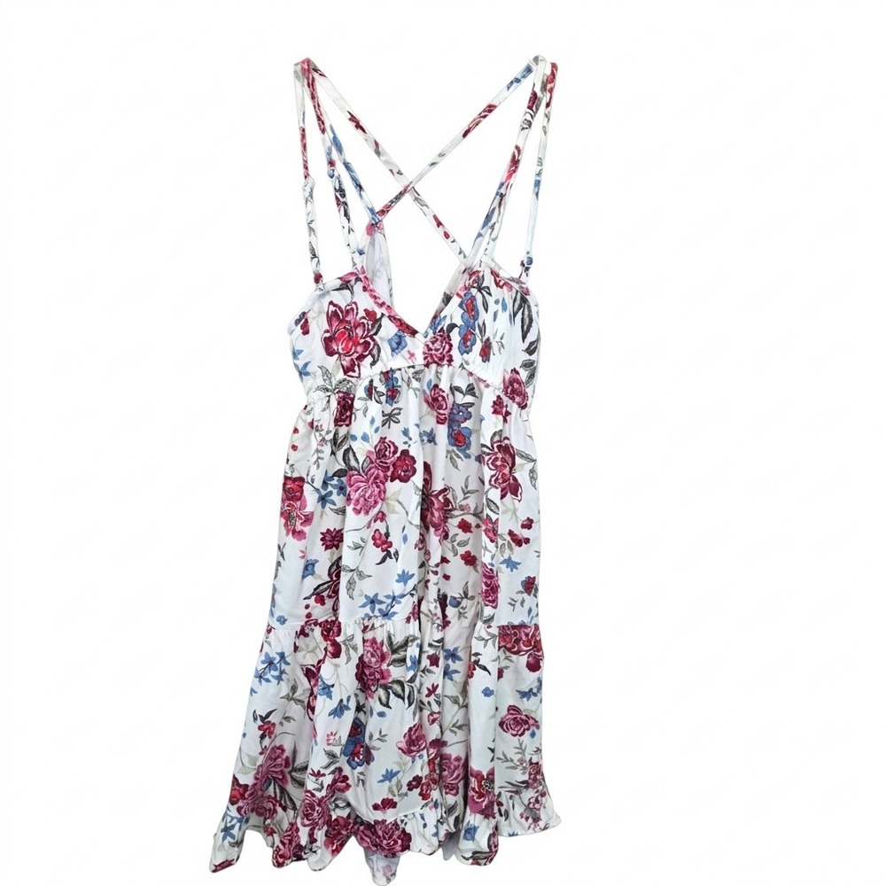 American Eagle Floral Strappy Tiered Ruffle Mini‎ Dress White Pink XS Women Boho